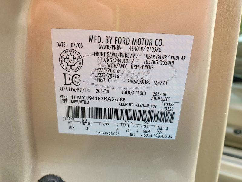 2007 Ford Escape მანქანა იყიდება აუქციონზე, vin: 1FMYU94187KA57586, აუქციონის ნომერი: 50486476