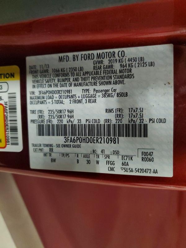 51205666 :رقم المزاد ، 3FA6P0HD0ER210981 vin ، 2014 Ford Fusion مزاد بيع