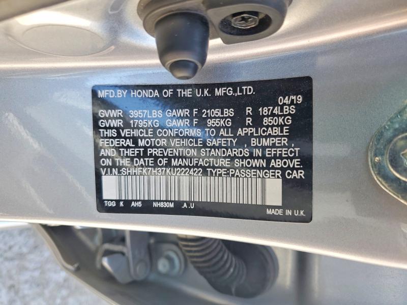 51437526 :رقم المزاد ، SHHFK7H37KU222422 vin ، 2019 Honda Civic مزاد بيع
