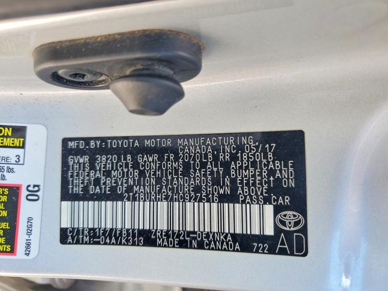 2017 Toyota Corolla მანქანა იყიდება აუქციონზე, vin: 2T1BURHE7HC927516, აუქციონის ნომერი: 51905216