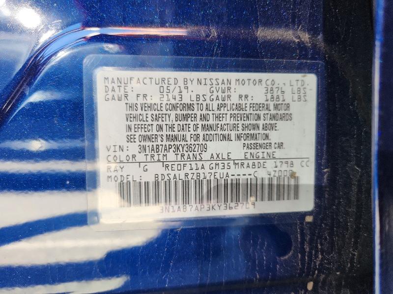 49853666 :رقم المزاد ، 3N1AB7AP3KY362709 vin ، 2019 Nissan Sentra مزاد بيع