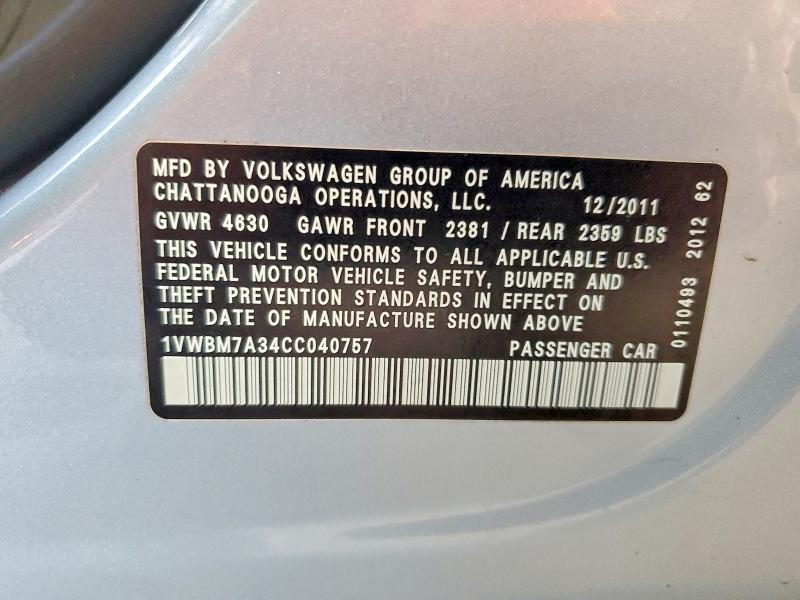 50086526 :رقم المزاد ، 1VWBM7A34CC040757 vin ، 2012 Volkswagen Passat مزاد بيع