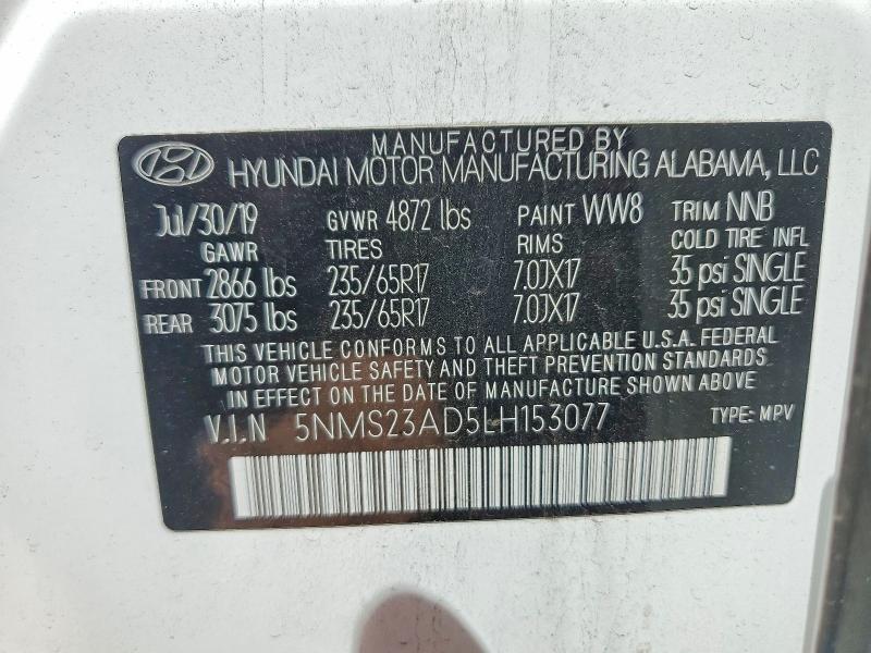 Aukcja sprzedaży 2020 Hyundai Santa Fe, vin: 5NMS23AD5LH153077, numer aukcji: 49337166