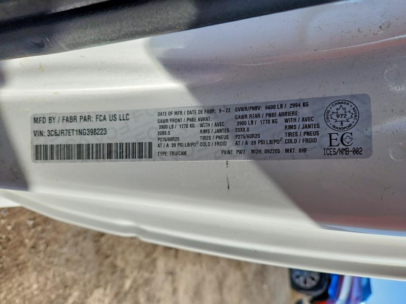 2022 Ram 1500 Classic მანქანა იყიდება აუქციონზე, vin: 3C6JR7ET1NG398223, აუქციონის ნომერი: 47173316