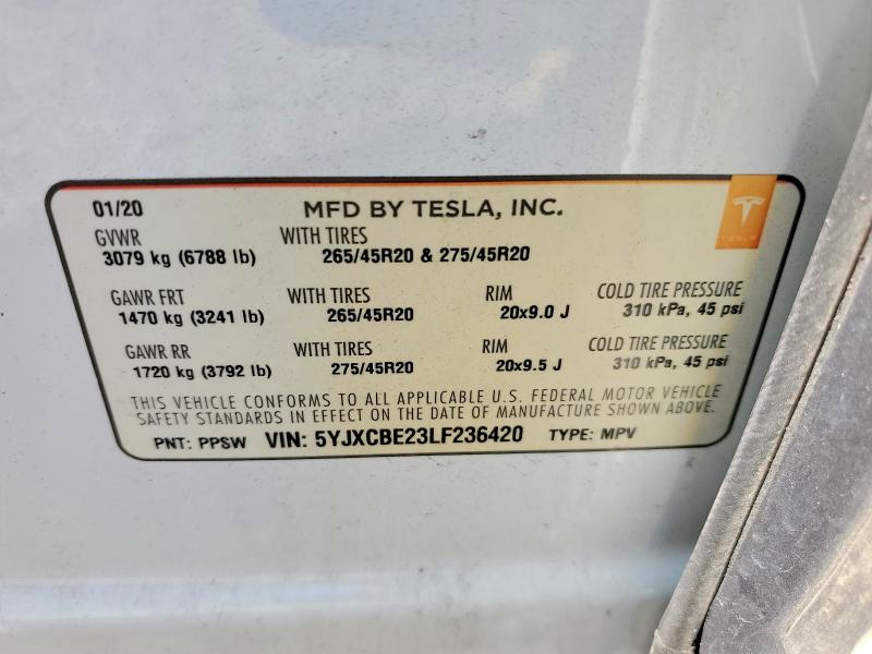 50353656 :رقم المزاد ، 5YJXCBE23LF236420 vin ، 2020 Tesla Model X مزاد بيع