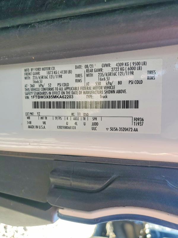 Auction sale of the 2021 Ford Transit, vin: 1FTBW3X85MKA62203, lot number: 48960526