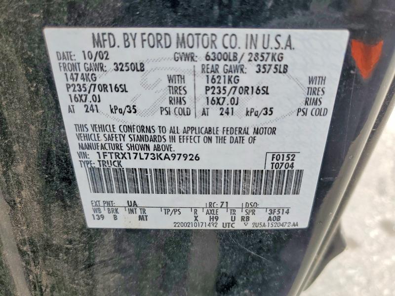2003 Ford F150 მანქანა იყიდება აუქციონზე, vin: 1FTRX17L73KA97926, აუქციონის ნომერი: 50662596