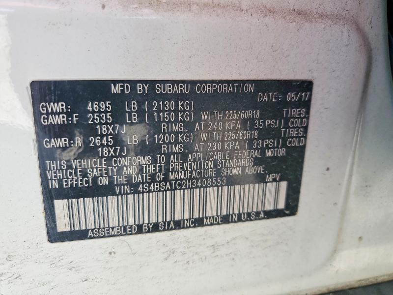 Продаж на аукціоні авто 2017 Subaru Outback, vin: 4S4BSATC2H3408553, номер лоту: 48422146