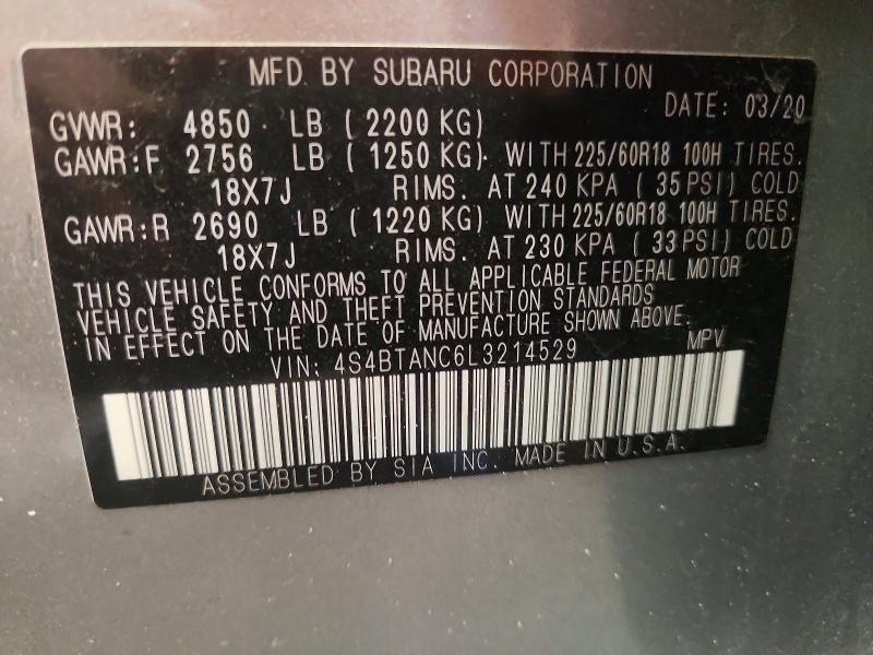 51173506 :رقم المزاد ، 4S4BTANC6L3214529 vin ، 2020 Subaru Outback مزاد بيع