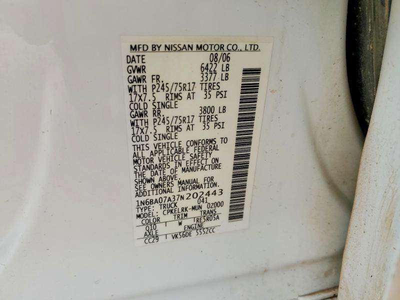 Aukcja sprzedaży 2007 Nissan Titan, vin: 1N6BA07A37N202443, numer aukcji: 48902026
