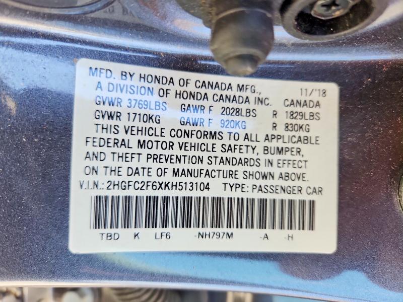 Aukcja sprzedaży 2019 Honda Civic, vin: 2HGFC2F6XKH513104, numer aukcji: 51724006