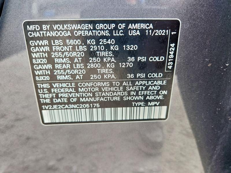 Продажа на аукционе авто 2022 Volkswagen Atlas Cross Sport, vin: 1V2JE2CA3NC205175, номер лота: 48944846