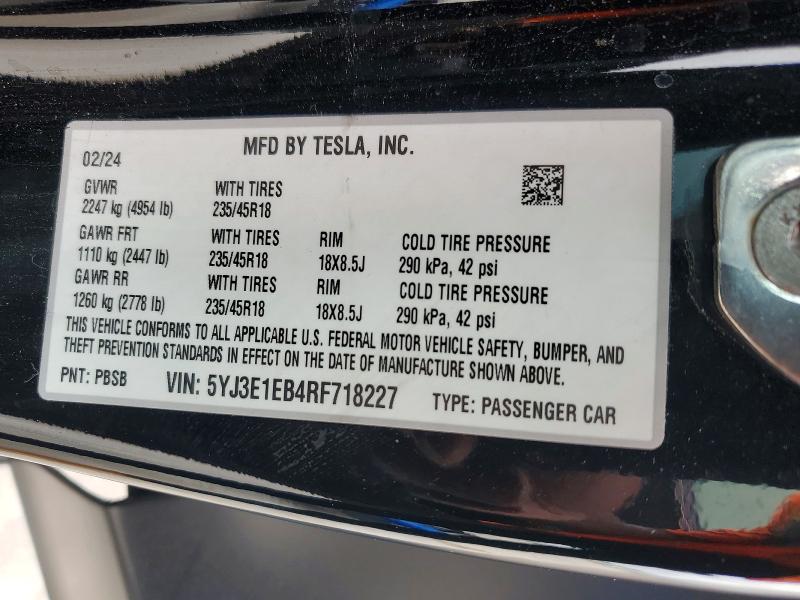 Aukcja sprzedaży 2024 Tesla Model 3, vin: 5YJ3E1EB4RF718227, numer aukcji: 50402066