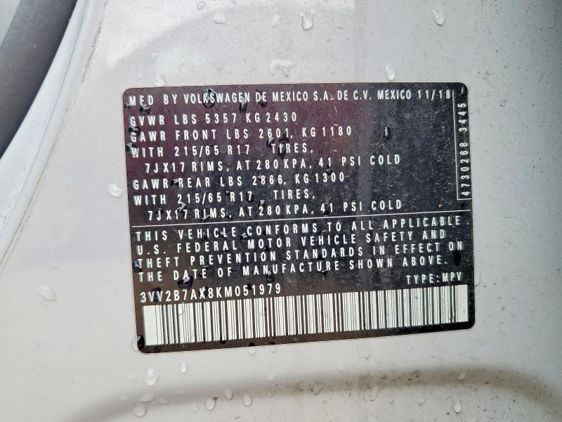 50826136 :رقم المزاد ، 3VV2B7AX8KM051979 vin ، 2019 Volkswagen Tiguan مزاد بيع
