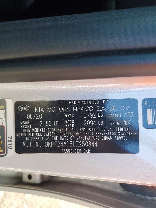 2020 Kia Forte მანქანა იყიდება აუქციონზე, vin: 3KPF24AD5LE250844, აუქციონის ნომერი: 50473046