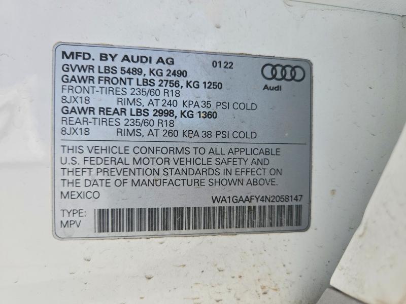 Aukcja sprzedaży 2022 Audi Q5, vin: WA1GAAFY4N2058147, numer aukcji: 48989796