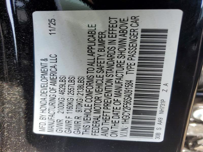 2025 Honda Accord მანქანა იყიდება აუქციონზე, vin: 1HGCY2F56SA091584, აუქციონის ნომერი: 48753006