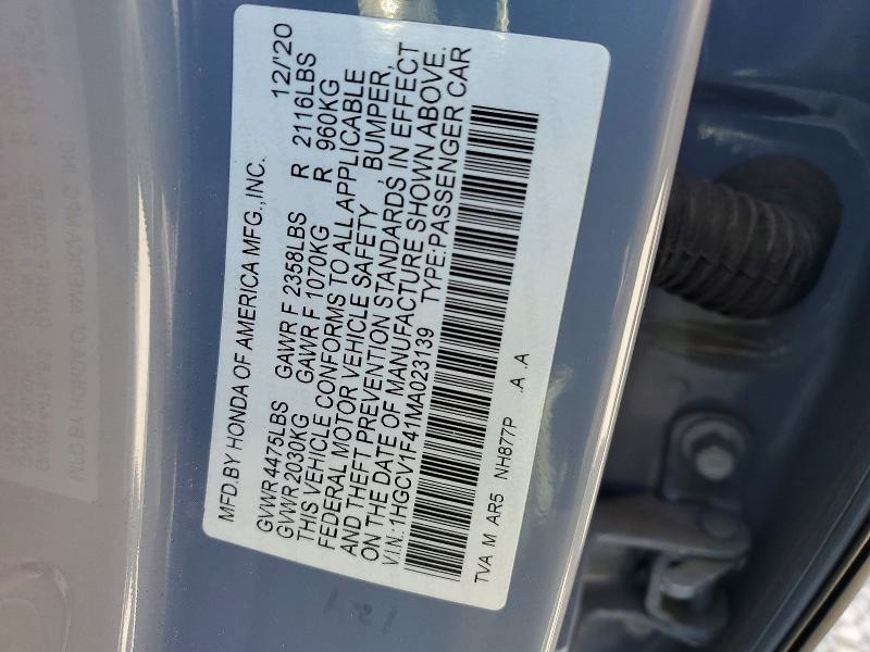 2021 Honda Accord მანქანა იყიდება აუქციონზე, vin: 1HGCV1F41MA023139, აუქციონის ნომერი: 49434896