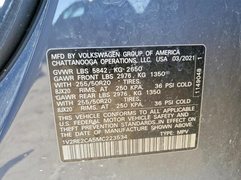 Продаж на аукціоні авто 2021 Volkswagen Atlas Cross Sport, vin: 1V2RE2CA5MC223534, номер лоту: 48629986