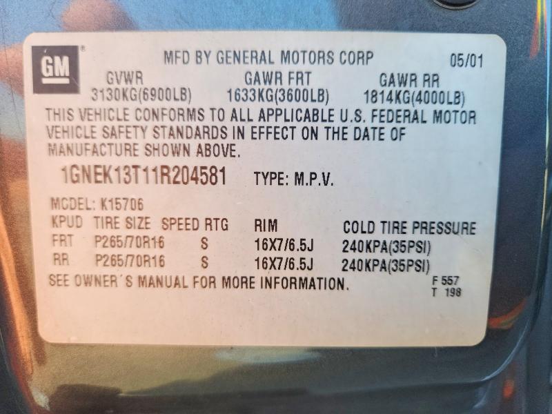 2001 Chevrolet Tahoe მანქანა იყიდება აუქციონზე, vin: 1GNEK13T11R204581, აუქციონის ნომერი: 49817176