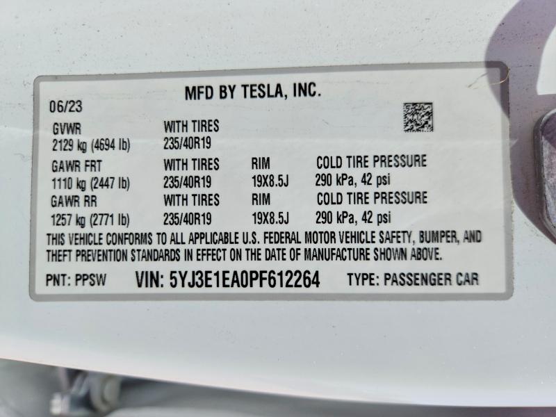 48650366 :رقم المزاد ، 5YJ3E1EA0PF612264 vin ، 2023 Tesla Model 3 مزاد بيع