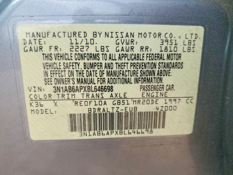 Продаж на аукціоні авто 2011 Nissan Sentra, vin: 3N1AB6APXBL646698, номер лоту: 50239416