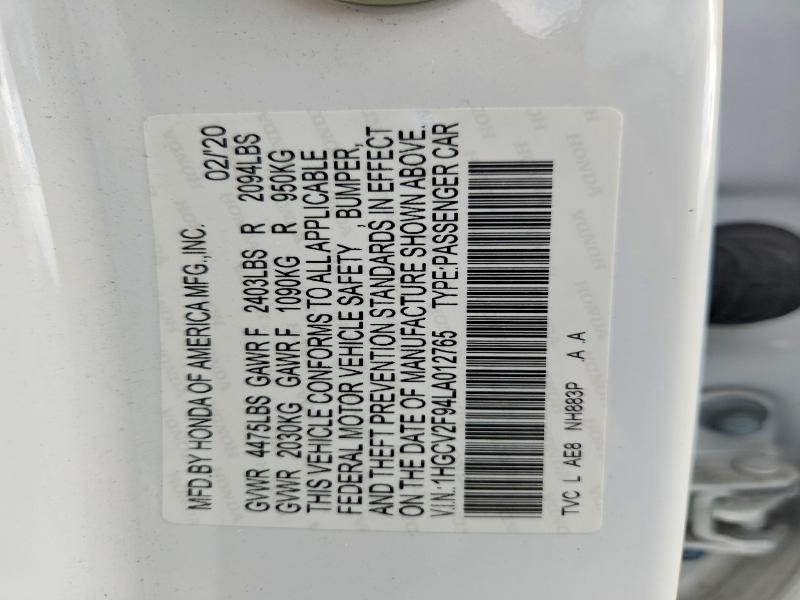 49499666 :رقم المزاد ، 1HGCV2F94LA012765 vin ، 2020 Honda Accord مزاد بيع