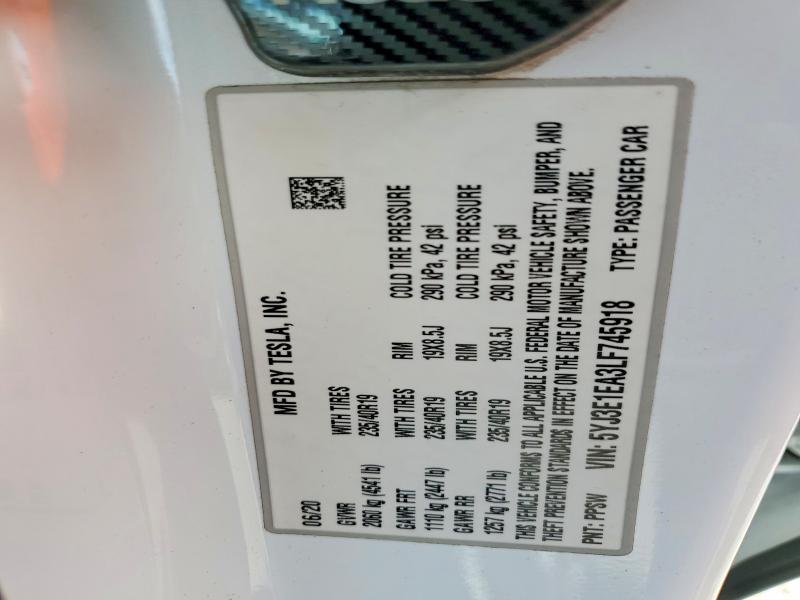48829586 :رقم المزاد ، 5YJ3E1EA3LF745918 vin ، 2020 Tesla Model 3 مزاد بيع