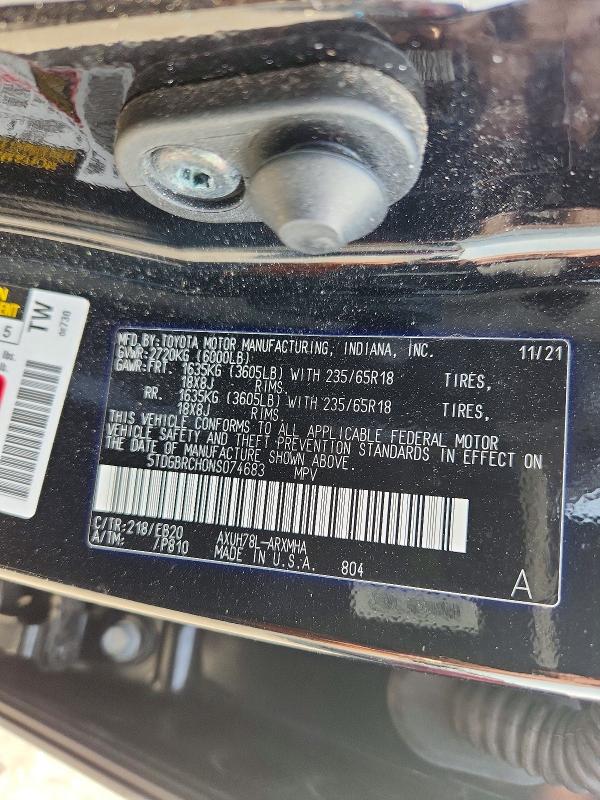 2022 Toyota Highlander Hybrid მანქანა იყიდება აუქციონზე, vin: 5TDGBRCH0NS074683, აუქციონის ნომერი: 50217686
