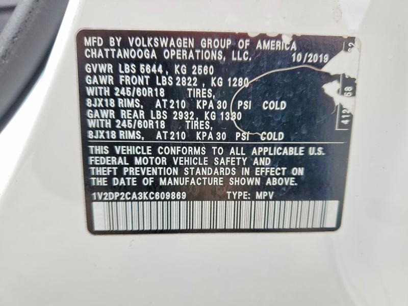 Aukcja sprzedaży 2019 Volkswagen Atlas, vin: 1V2DP2CA3KC609869, numer aukcji: 51012046