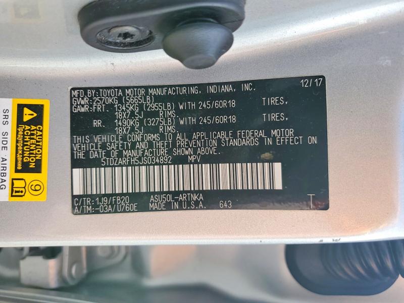 Продажа на аукционе авто 2018 Toyota Highlander, vin: 5TDZARFH5JS034892, номер лота: 50142226