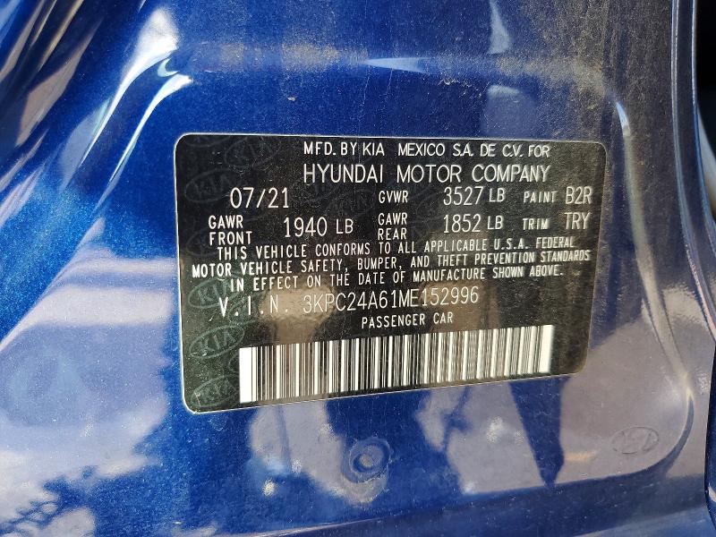 2021 Hyundai Accent მანქანა იყიდება აუქციონზე, vin: 3KPC24A61ME152996, აუქციონის ნომერი: 50925546