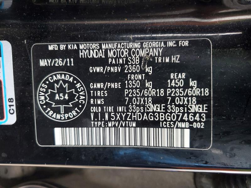 Aukcja sprzedaży 2011 Hyundai Santa Fe, vin: 5XYZHDAG3BG074643, numer aukcji: 48788536