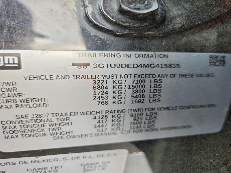 49127776 :رقم المزاد ، 3GTU9DED4MG415835 vin ، 2021 Gmc Sierra مزاد بيع