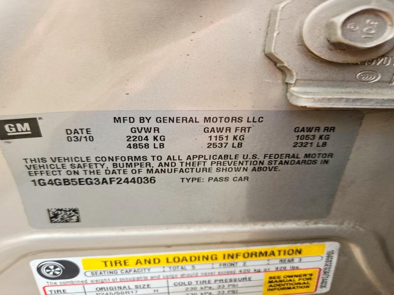 49457936 :رقم المزاد ، 1G4GB5EG3AF244036 vin ، 2010 Buick Lacrosse مزاد بيع
