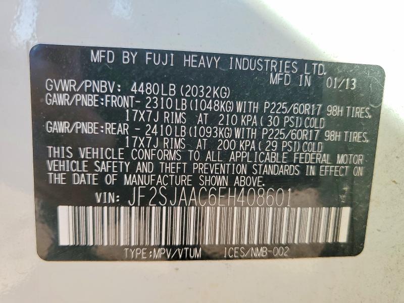 2014 Subaru Forester მანქანა იყიდება აუქციონზე, vin: JF2SJAAC6EH408601, აუქციონის ნომერი: 50642016
