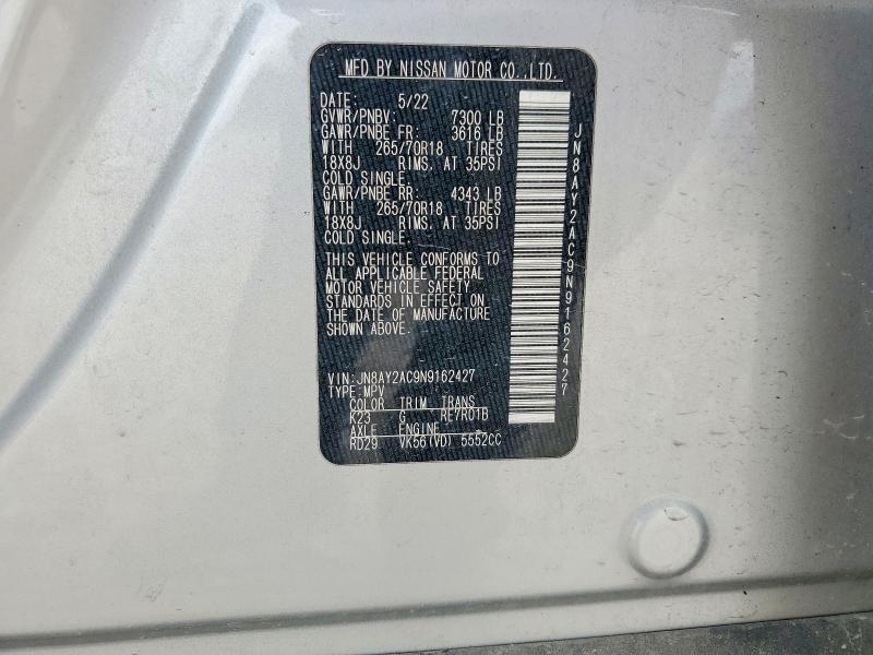 50602916 :رقم المزاد ، JN8AY2AC9N9162427 vin ، 2022 Nissan Armada مزاد بيع