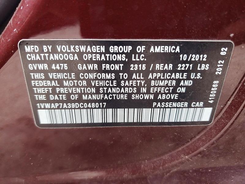 2013 Volkswagen Passat მანქანა იყიდება აუქციონზე, vin: 1VWAP7A39DC048017, აუქციონის ნომერი: 48901886