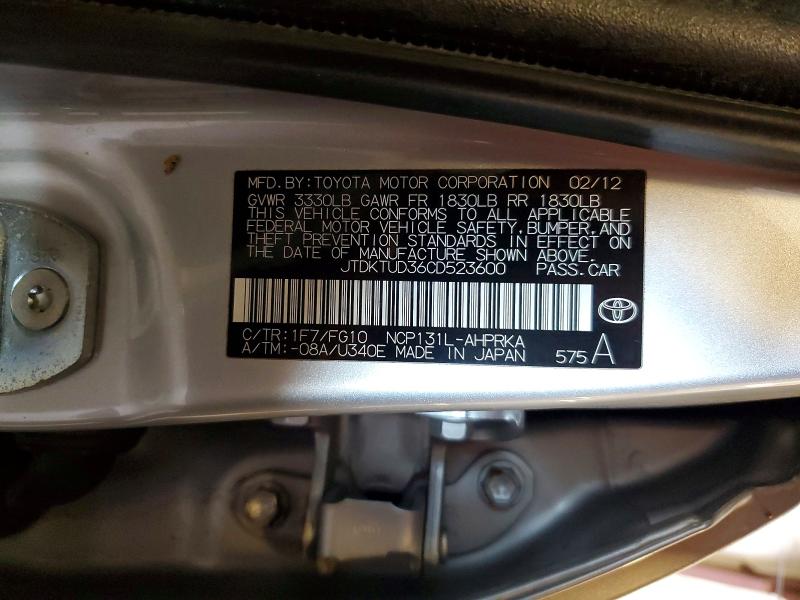2012 Toyota Yaris მანქანა იყიდება აუქციონზე, vin: JTDKTUD36CD523600, აუქციონის ნომერი: 49855066