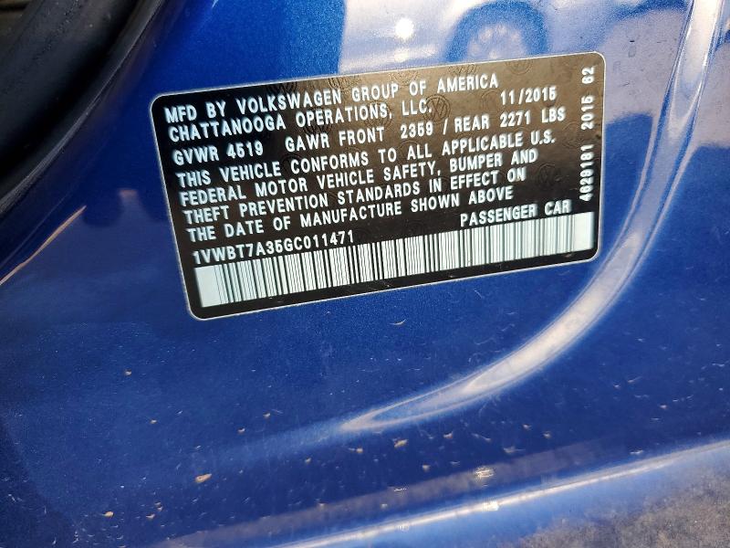 Продажа на аукционе авто 2016 Volkswagen Passat, vin: 1VWBT7A35GC011471, номер лота: 48844316
