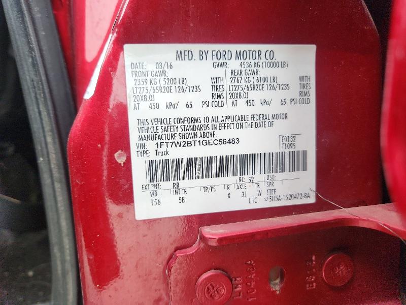 50326176 :رقم المزاد ، 1FT7W2BT1GEC56483 vin ، 2016 Ford F250 مزاد بيع