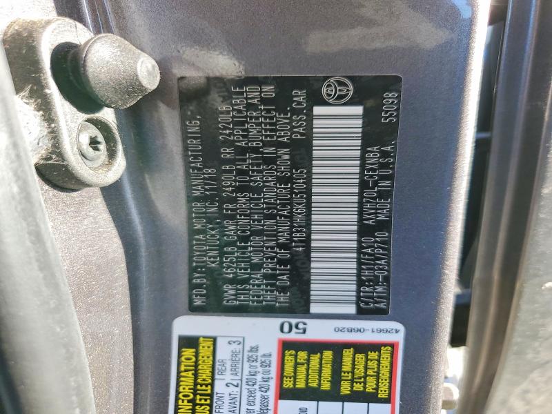 47816946 :رقم المزاد ، 4T1B31HK6KU510405 vin ، 2019 Toyota Camry Hybrid مزاد بيع