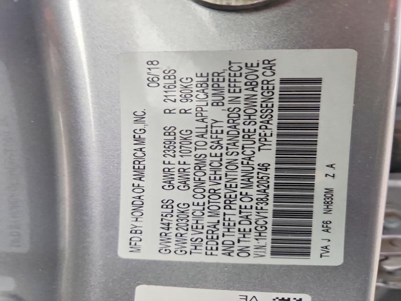 2018 Honda Accord მანქანა იყიდება აუქციონზე, vin: 1HGCV1F38JA205746, აუქციონის ნომერი: 50229596