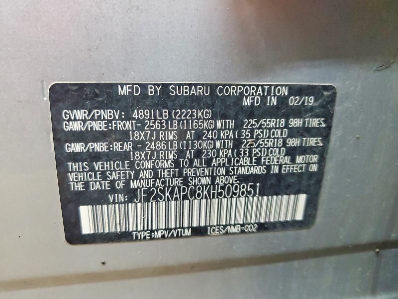 Aukcja sprzedaży 2019 Subaru Forester, vin: JF2SKAPC8KH509851, numer aukcji: 50214206