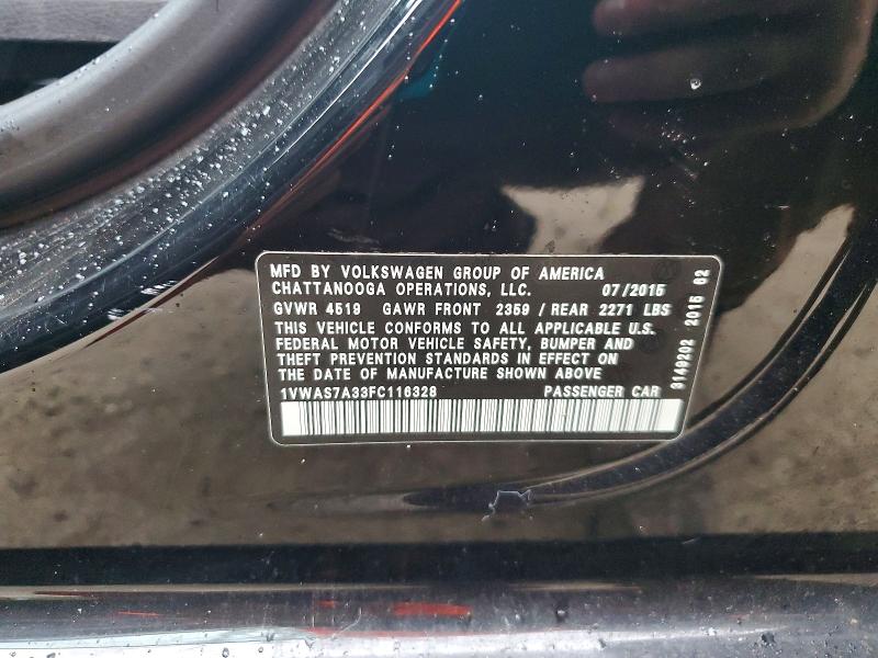 49742696 :رقم المزاد ، 1VWAS7A33FC116328 vin ، 2015 Volkswagen Passat مزاد بيع