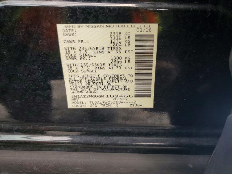Продаж на аукціоні авто 2016 Nissan Murano, vin: 5N1AZ2MG0GN109466, номер лоту: 51085366