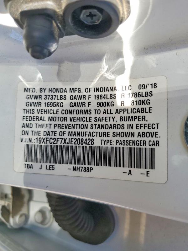 Продажа на аукционе авто 2018 Honda Civic, vin: 19XFC2F7XJE208428, номер лота: 49937346