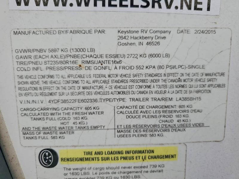 2015 Keystone Rv Laredo Series მანქანა იყიდება აუქციონზე, vin: 4YDF38522FE602336, აუქციონის ნომერი: 51972906