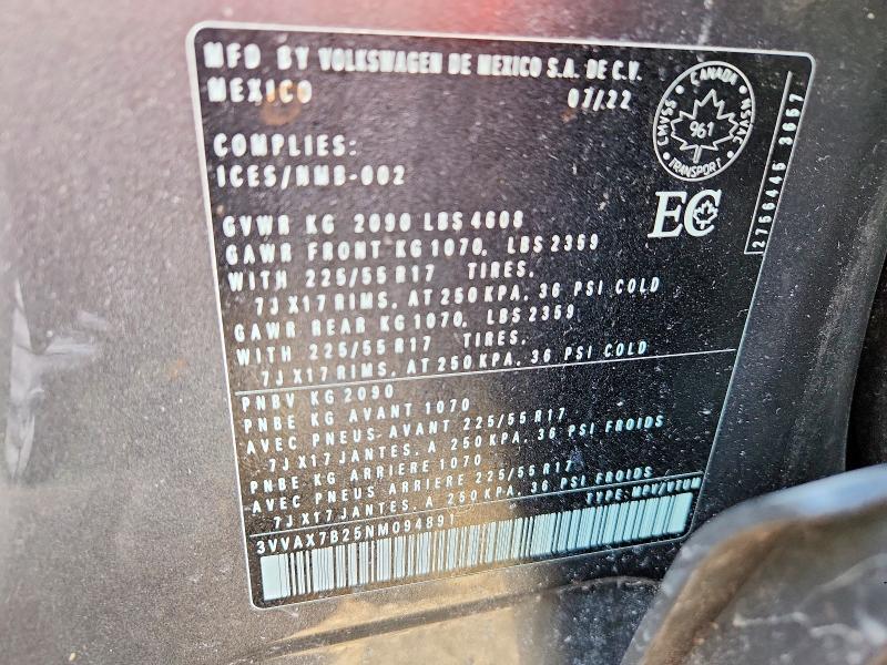 Aukcja sprzedaży 2022 Volkswagen Taos, vin: 3VVAX7B25NM094891, numer aukcji: 48828436