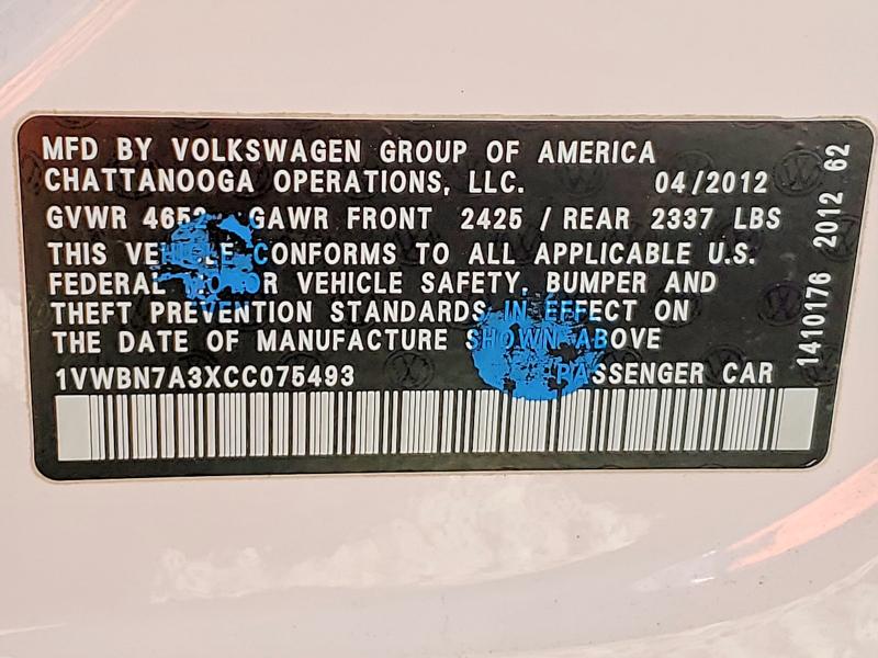 49855776 :رقم المزاد ، 1VWBN7A3XCC075493 vin ، 2012 Volkswagen Passat مزاد بيع